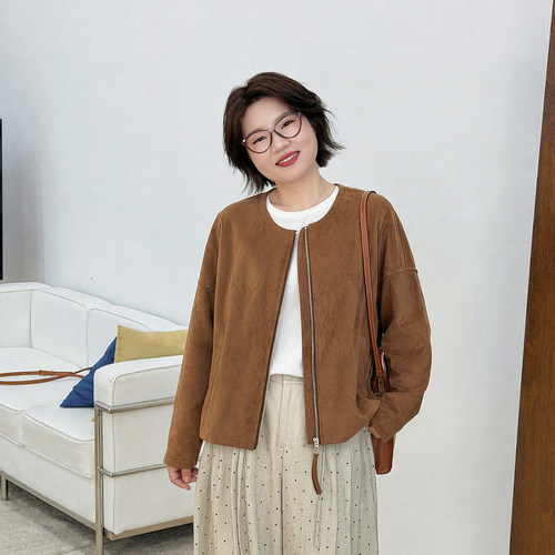 宛宛大码胖mm美拉德复古麂皮绒外套女早秋新款小个子宽松休闲夹克