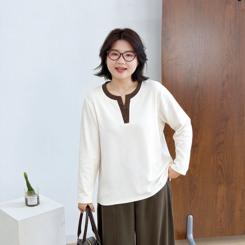宛宛大码假两件长袖T恤女装秋季胖mm显瘦亨利领打底衫正肩上衣