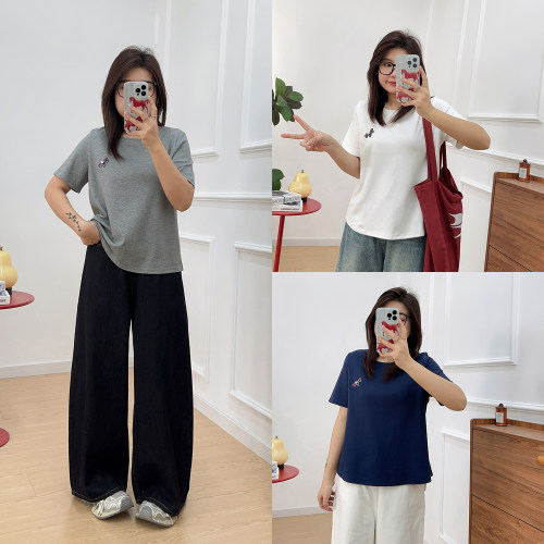 宛宛大码女装圆领短袖t恤2026夏季新款胖mm修身显瘦气质正肩上衣