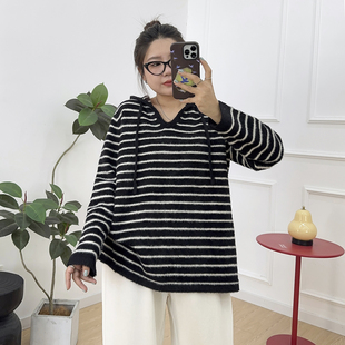 外穿上衣厚 慵懒风条纹针织衫 宛宛大码 胖MM仿水貂绒毛衣女秋冬新款