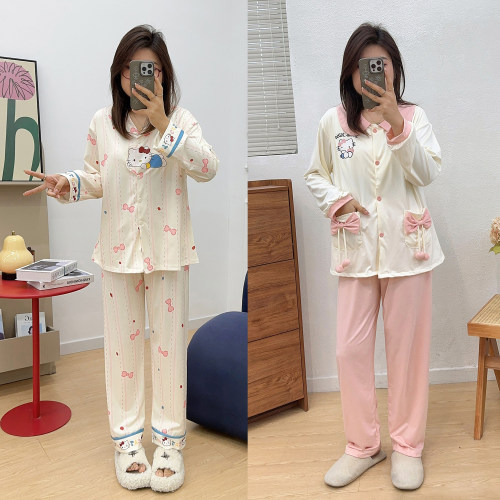 宛宛大码卡通凯蒂猫印花睡衣女春秋季胖MM休闲长袖长裤家居服套装