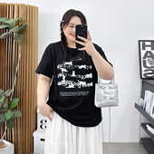 T恤 型短袖 宛宛大码 胖MM韩系可爱猫咪插画卡通蝴蝶结休闲宽松大版