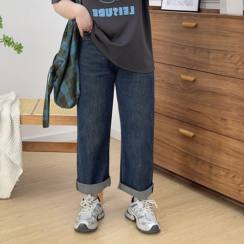 高腰松紧百搭窄版直筒牛仔裤