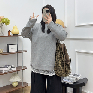 女装 上衣蕾丝拼接假两件长袖 胖mm春季 遮肚显瘦中长款 卫衣 新款 大码