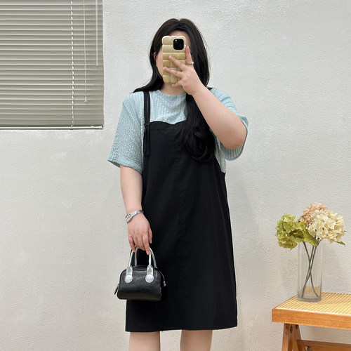 宛宛大码胖MM假两件连衣裙女夏显瘦收腰遮肚子拼接设计甜美气质款
