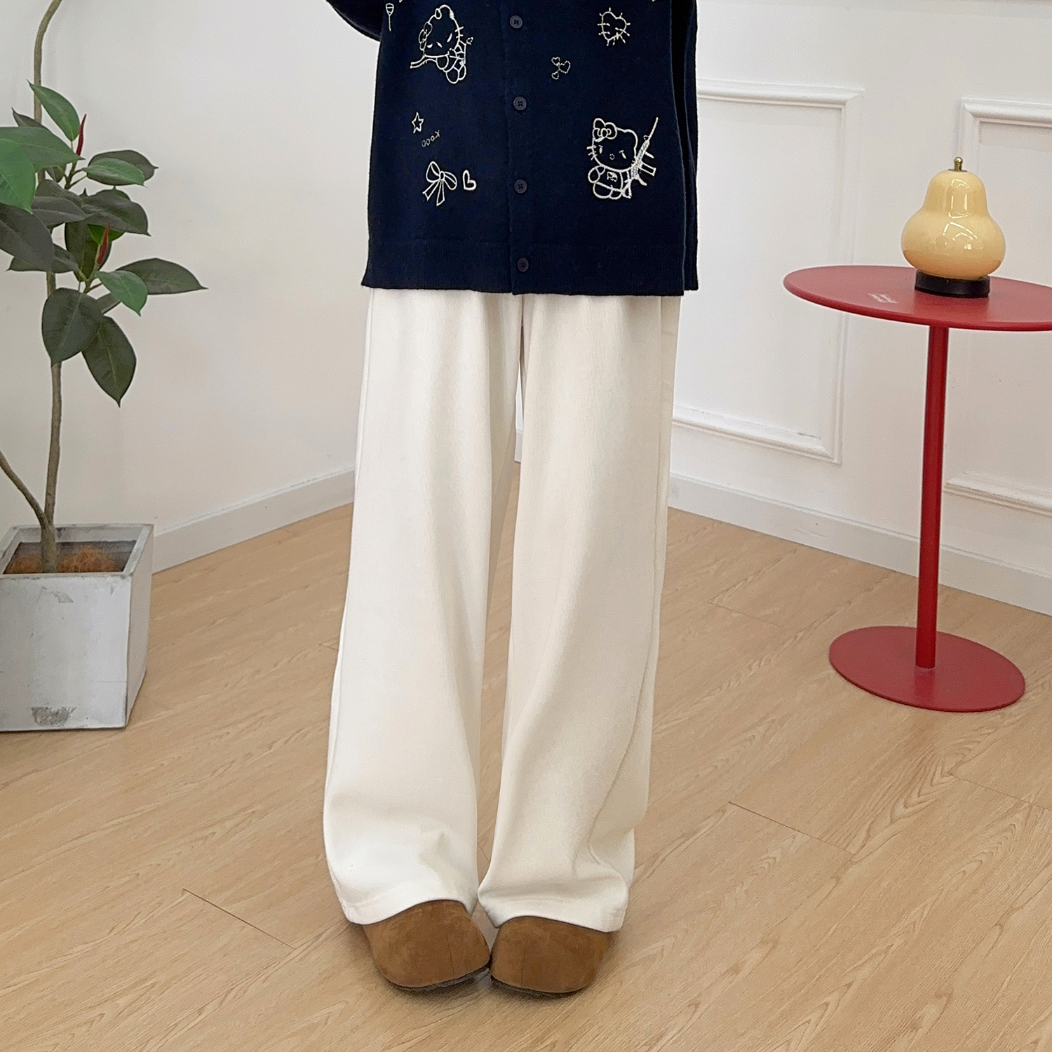 宛宛大码梨形身材胖MM雪尼尔阔腿裤女秋冬加绒高腰遮垮休闲直筒裤