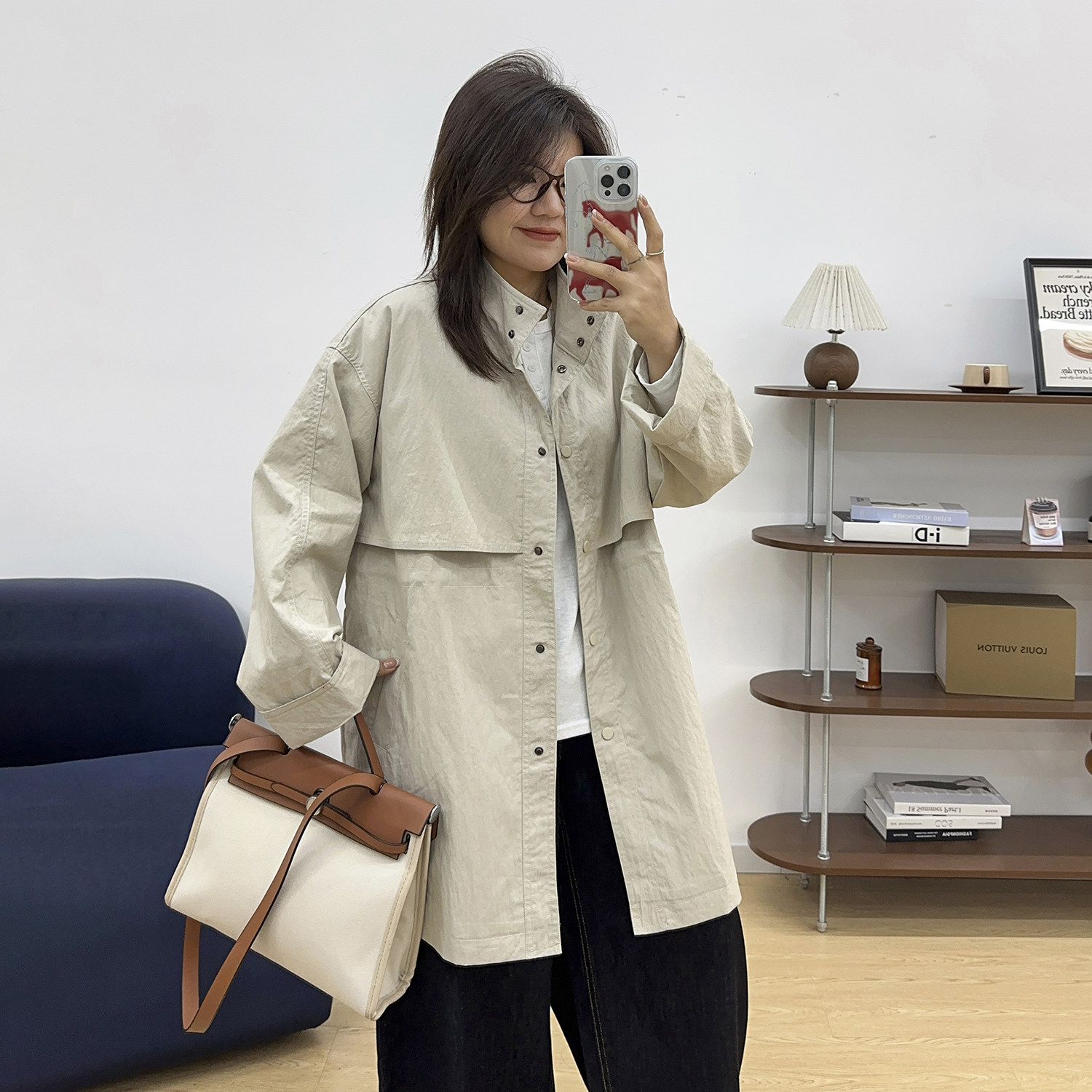 宛宛大码中长款风衣外套胖MM春季新款简约休闲日系工装大衣高级感