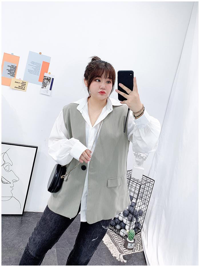 显瘦遮肉马甲衬衫两件套装