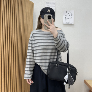 T恤女内搭打底衫 宛宛大码 宽松条纹长袖 2026年新款 上衣 胖mm春秋季