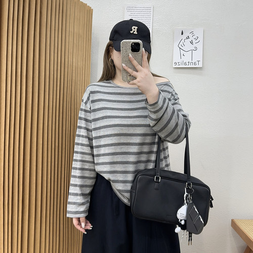 宛宛大码胖mm春秋季2026年新款宽松条纹长袖T恤女内搭打底衫上衣