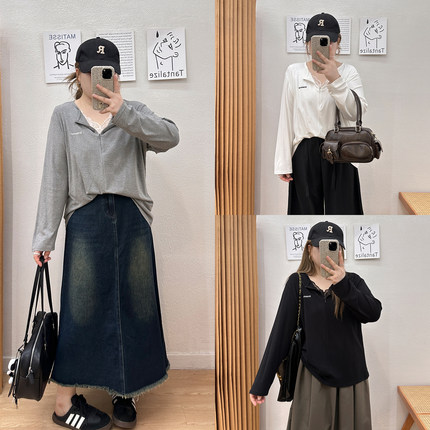 宛宛大码蕾丝拼接v领长袖t恤女纯欲风微胖修身显瘦打底衫短款上衣