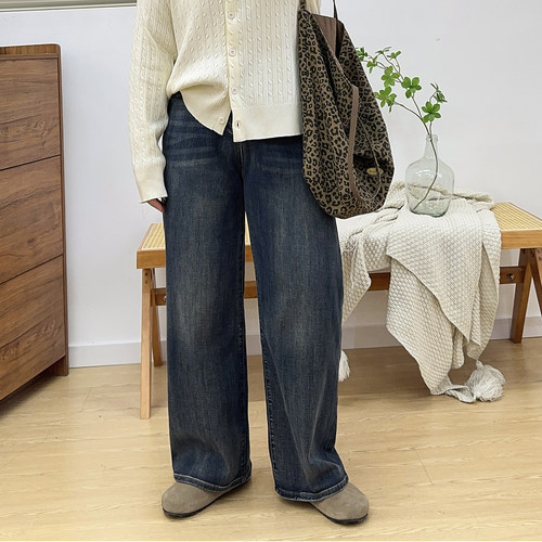 高腰百搭松紧牛仔阔腿裤