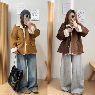 大码 小个子加厚棉衣 胖MM宽松麂皮绒皮毛一体羊羔毛短外套女冬新款