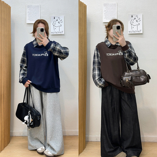 宛宛大码 学院风假两件格子拼接卫衣秋冬胖mm显瘦宽松减龄休闲上衣