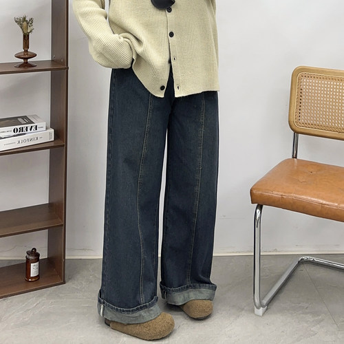 翻边拼接慵懒风阔腿裤