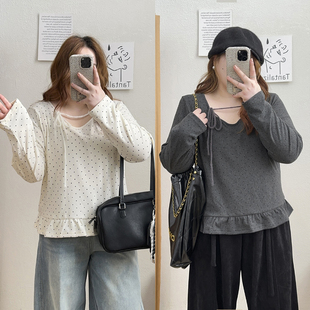 T恤圆领打底衫 宛宛大码 绑带荷叶边设计感长袖 胖MM秋冬款 上衣 女装