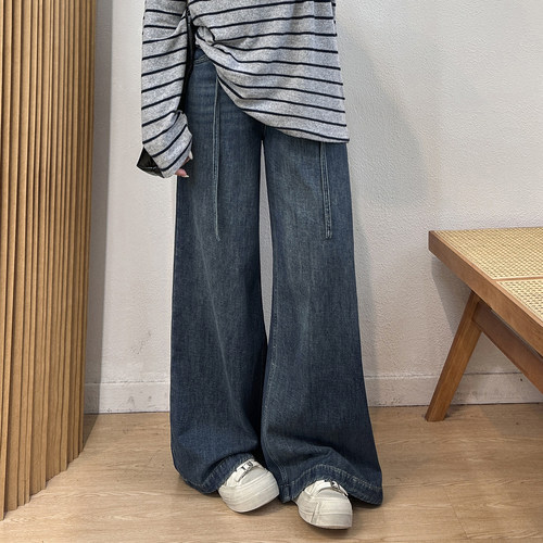 系带磨毛阔腿女士牛仔裤