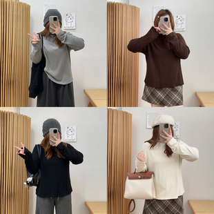 显瘦打底衫 T恤女修身 上衣 胖妹妹设计纯色弹力半高领长袖 宛宛大码