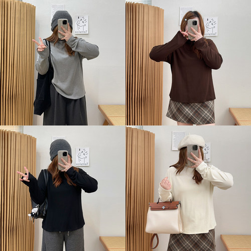 宛宛大码胖妹妹设计纯色弹力半高领长袖T恤女修身显瘦打底衫上衣