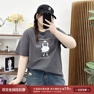 短袖 宛宛大码 卡通印花t恤遮肚子显瘦胖MM美式 2024夏新款 上衣 女装