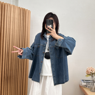 新款 宛宛大码 外套女春秋季 复古牛仔衬衫 宽松显瘦港风上衣 胖MM美式