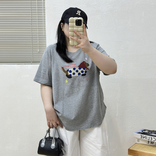 短款 宛宛大码 微胖mm修身 t恤女夏季 休闲上衣 圆领正肩卡通印花短袖