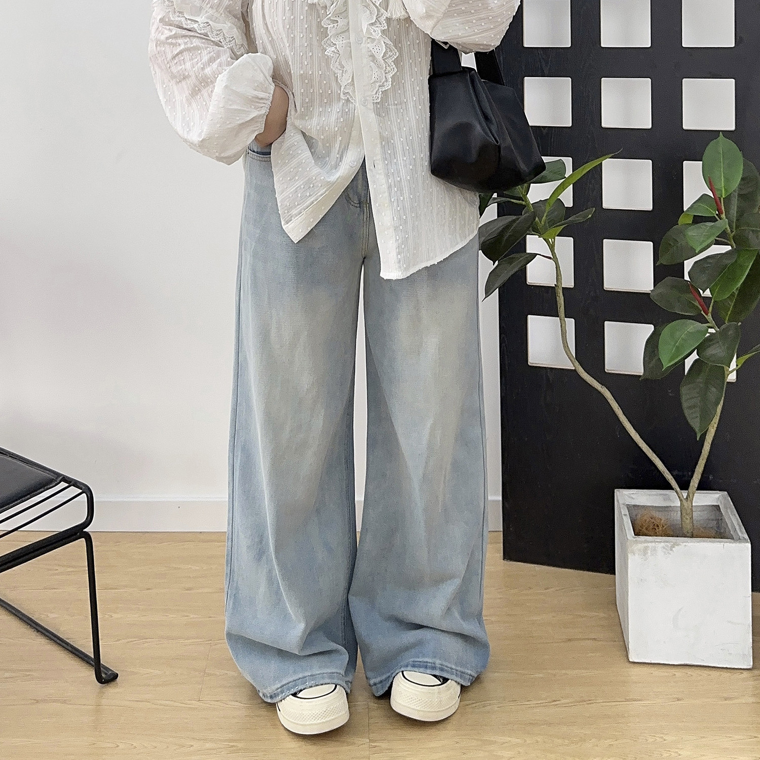 水洗复古牛仔裤宽松阔腿裤