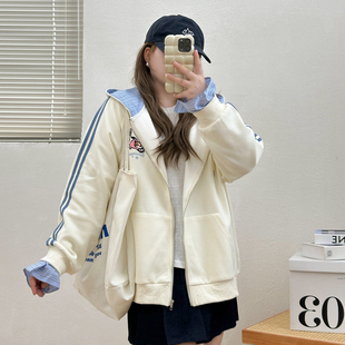 薄款 款 慵懒风外套拉链上衣 胖MM格子拼接连帽卫衣女春秋季 宛宛大码