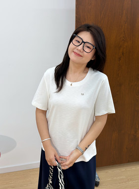 宛宛大码胖mm巨遮肚t恤圆领短袖罗纹棉正肩宽松高级针织衫女上衣