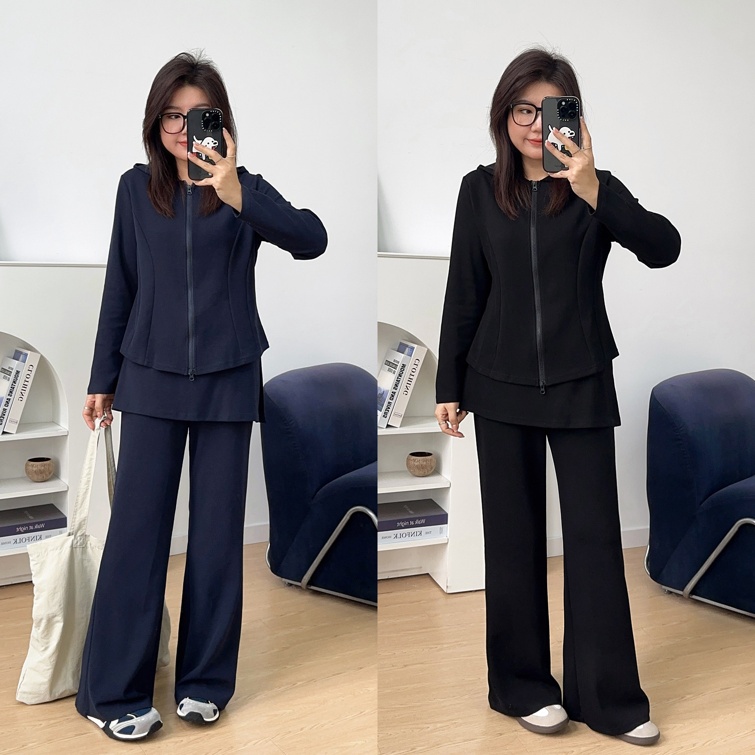 宛宛大码女装假两件屁帘微喇裤套装胖mm显瘦休闲上衣阔腿裤两件套图片