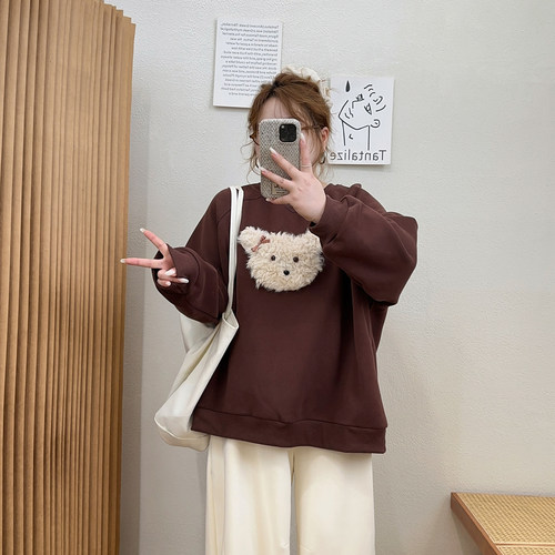 宛宛大码胖妹妹200斤毛毛小狗加绒无帽卫衣外套女秋季宽松上衣ins