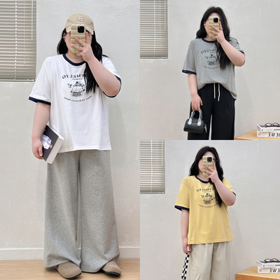 宛宛大码胖MM复古印花撞色边T恤女夏短袖显瘦遮肉设计感上衣半袖