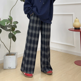 胖MM美式 高腰慵懒宽松长裤 复古格子直筒阔腿裤 新款 女秋季 宛宛大码