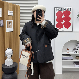 宛宛大码 假两件翻领菱格棉外套胖mm洋气棉衣棉服 女2024秋冬新款