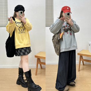 宽松外套潮 灰色圆领长袖 宛宛大码 卡通字母印花卫衣女2025秋冬新款