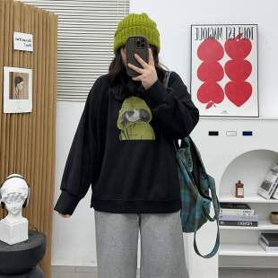 宽松胖mm设计感小众别致洋气圆领上衣 新款 大码 卡通卫衣女2024秋季