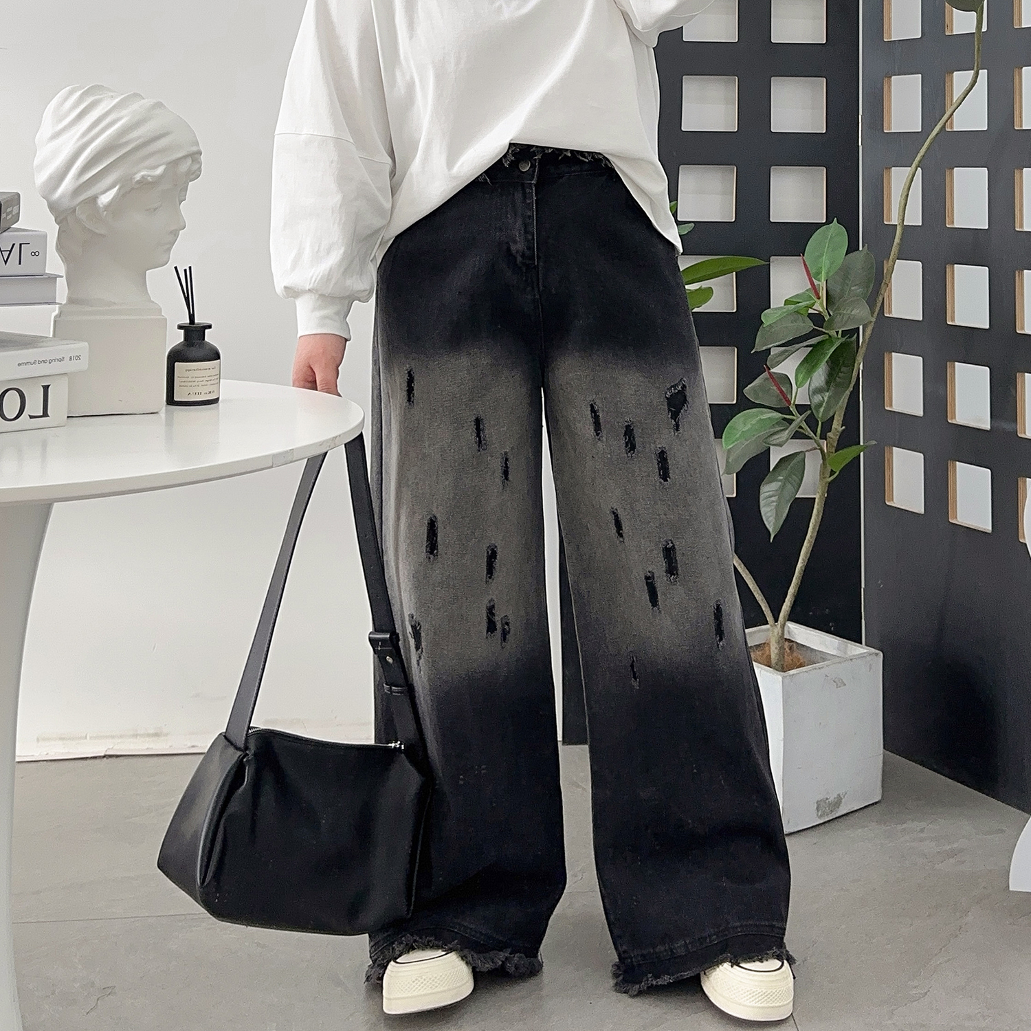 宛宛家渐变牛仔阔腿裤