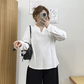 胖mm显瘦简约百搭上衣 t恤女秋季 宛宛大码 设计感V领正肩内搭长袖