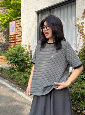 宛宛大码女装条纹撞色圆领短袖t恤夏季新款胖mm宽松遮肉显瘦上衣