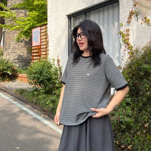 宛宛大码女装条纹撞色圆领短袖t恤夏季新款胖mm宽松遮肉显瘦上衣