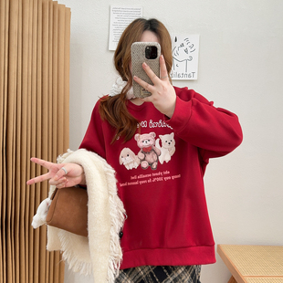 新年衣服大码 圣诞上衣外套 女胖mm红色卫衣小众设计感慵懒风秋冬季