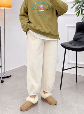 灰色加绒运动裤女2022新款爆款加厚条绒裤子秋冬胖mm大码显瘦卫裤