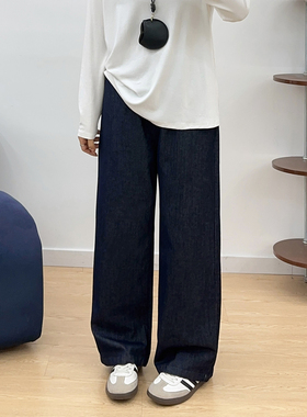 宛宛日系裤子女小个子深蓝色花边牛仔裤胖mm垂坠感直筒阔腿裤