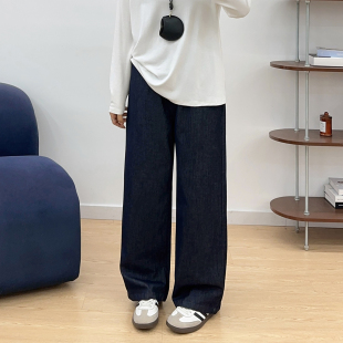 胖mm垂坠感直筒阔腿裤 宛宛日系裤 子女小个子深蓝色花边牛仔裤