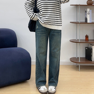 宛宛大码复古蓝直筒牛仔裤女秋季新款胖mm高腰宽松梨形身材阔腿裤