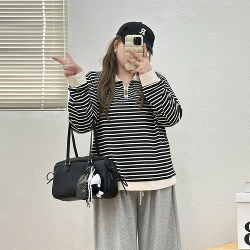 宛宛大码polo领条纹T恤秋季胖mm显瘦宽松翻领设计感正肩减龄上衣