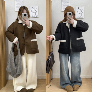 女装 新款 百搭翻领外套胖mm加厚保暖麂皮绒休闲上衣 秋冬季 宛宛大码