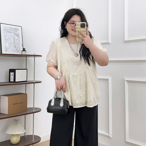 宛宛大码胖MM蕾丝T恤小衫女夏季新款显瘦遮肉透气甜美风短袖上衣