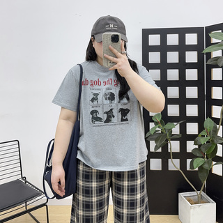 宛宛大码女装情侣胖MM卡通可爱小狗印花短袖T恤半袖宽松休闲上衣