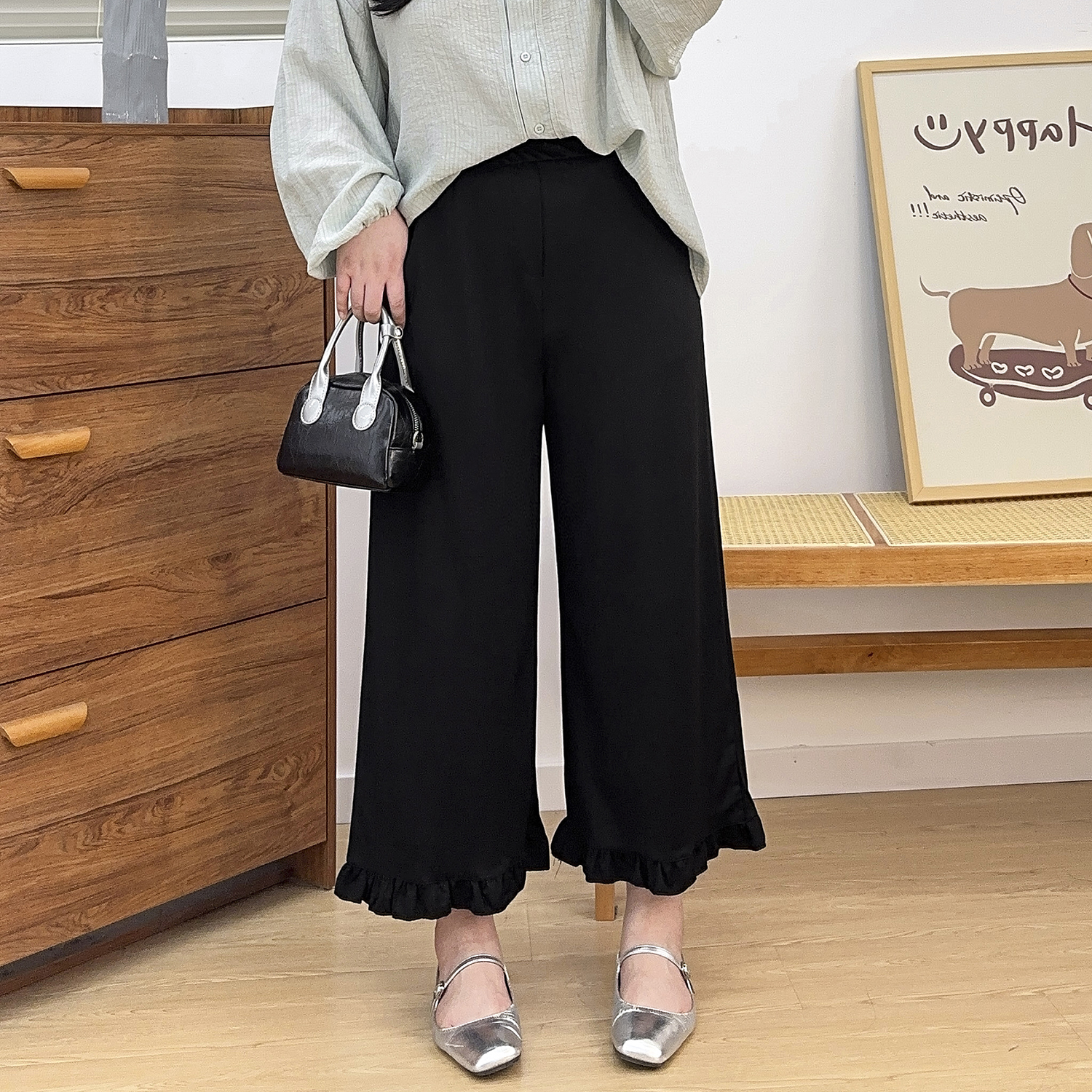 高腰木耳花边裤脚休闲阔腿裤